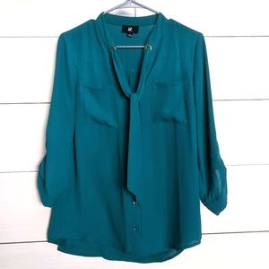 Iz Byer Emerald Green Dark Teal Button Down Blouse